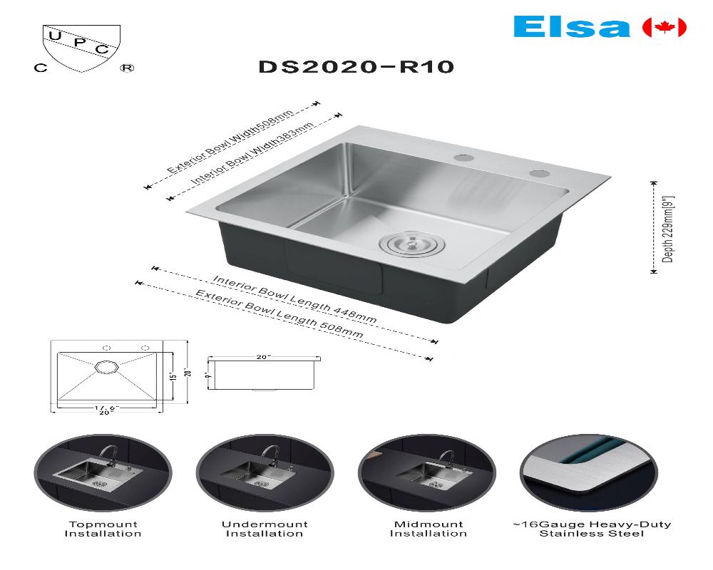 DS2020-R10/5050 handmade single bowl kitchen sink topmount 16 gauged 508x508x228mm (20"x20"x9") inside 17-5/8"x15-1/8"x9" *DRAINS INCLUDED* $119/PC AI