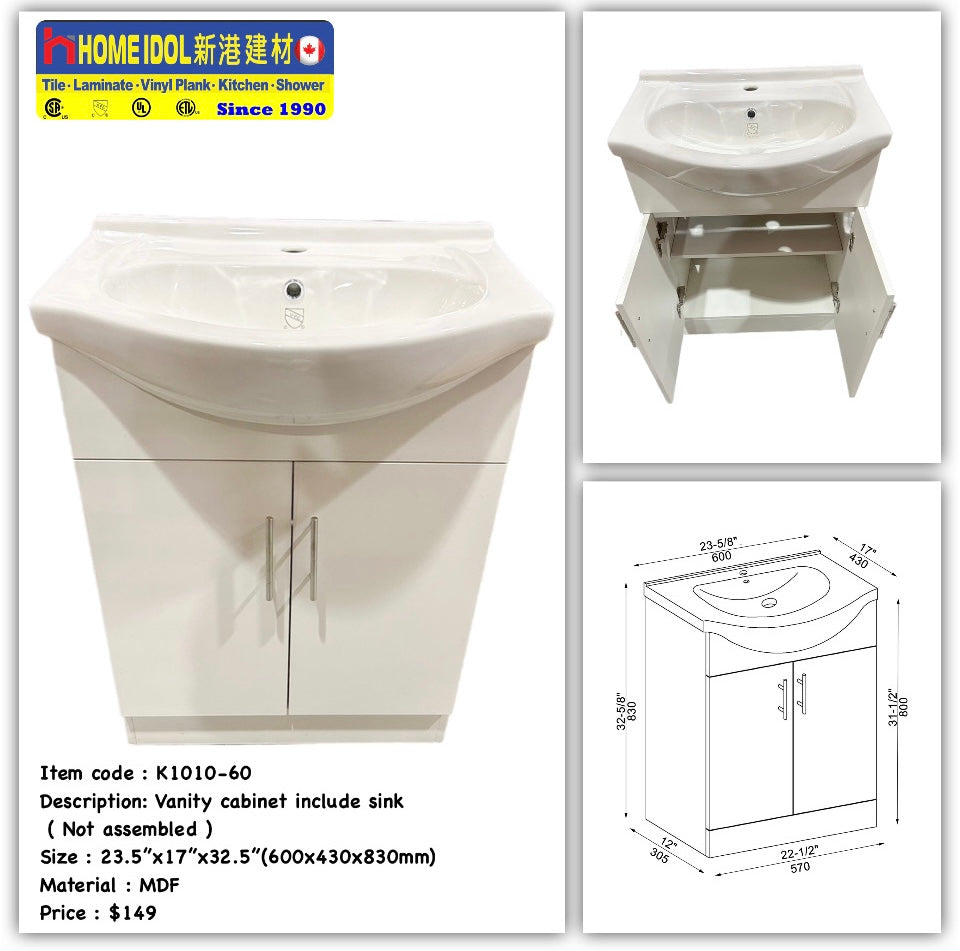Flyer 24" vanity combo K1010-60 A- Was $167 Now $109 MDF Floor standing vanity with ceramic basin white 600x430x850mm = 24"x17"x33"