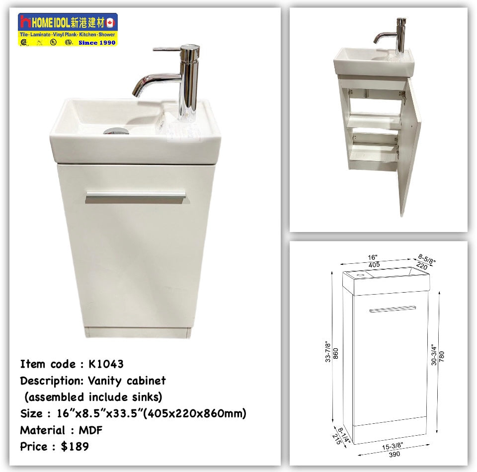 Flyer 16" vanity combo K1043 A- Was $225 Now $149 MDF Floor standing vanity with ceramic basin white 400x220x860mm = 16"x9"x34" feature
