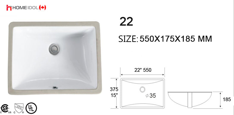 G22 square bathroom sink undermount model number: 22 550x375x185mm = 22" x 15" x 7-1/4" $24.99/pc 10pcs+ $22.99/pc A5.5