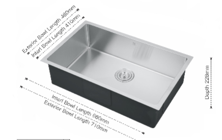*3PCS/BOX* DS2818-R10 handmade single bowl kitchen sink undermount 710x460x250mm exterior 28"x18"x9" interior 26"x16"x9" *DRAINS INCLUDED* 3PCS/BOX $299/3PCS/BOX *Sold BY Box* A7.5