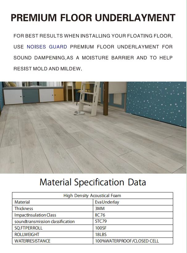 floor soundproof underlay 3mm eva underlay high density foam IIC 86 STC 88 $0.14/SF 100sf/roll $13.99/roll 10rolls+ $12.99/roll AI - Home Idol Vancouver Richmond Surrey