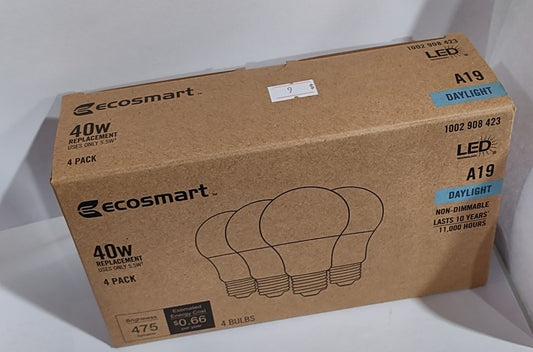 ECOSMART LED GLOBE A19 5000K COOL WHITE 4PCS/BOX $6/BOX B10.5
