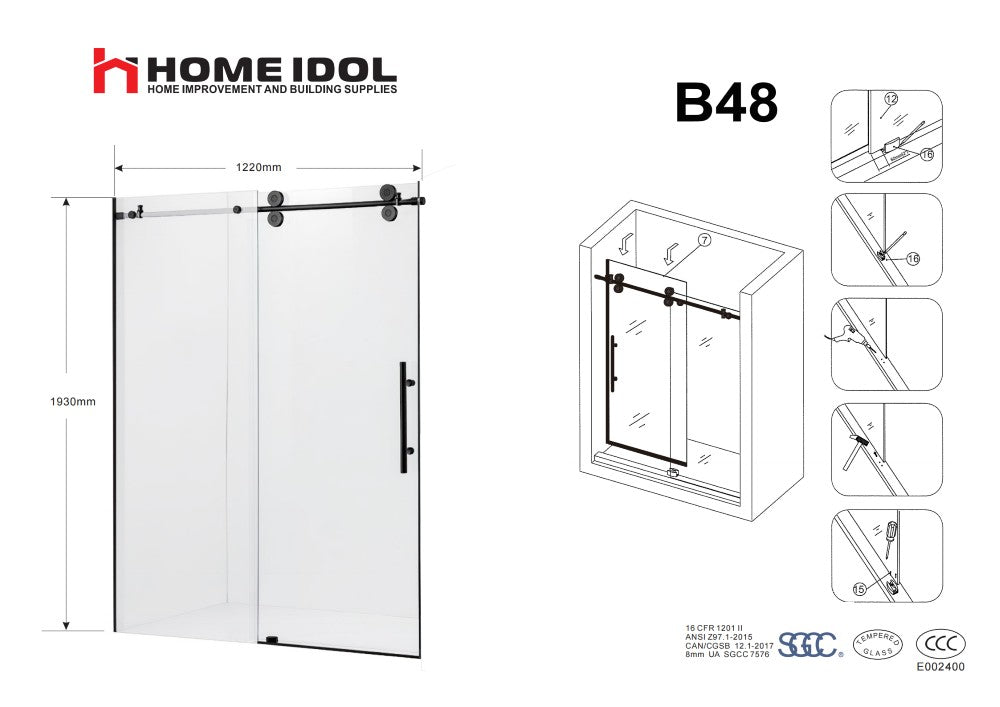 B48 $199 shower door 8mm black frameless 1220X1930mm/48"x76" A4 *Non-Profit First Come First Serve* AI - Home Idol Vancouver Richmond Surrey
