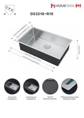 DS3218S-R10 handmade single bowl kitchen sink undermount 16 gauged 800x460x250mm (31-1/2"x18"x10") inside 29-1/2"x16.18"x10" *DRAINS INCLUDED* $129/pc 10PCS+ $119/PC A7