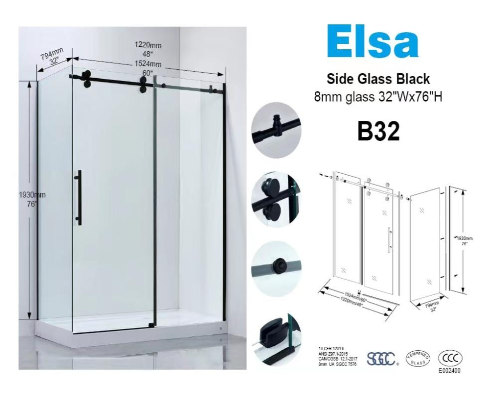 60" shower combo with side glass RH 8mm black frameless shower door 5'x6'/1524X1930mm/60"x76 (B76+B32 5011R) $499/SET A4 *Non-Profit First Come First Serve*