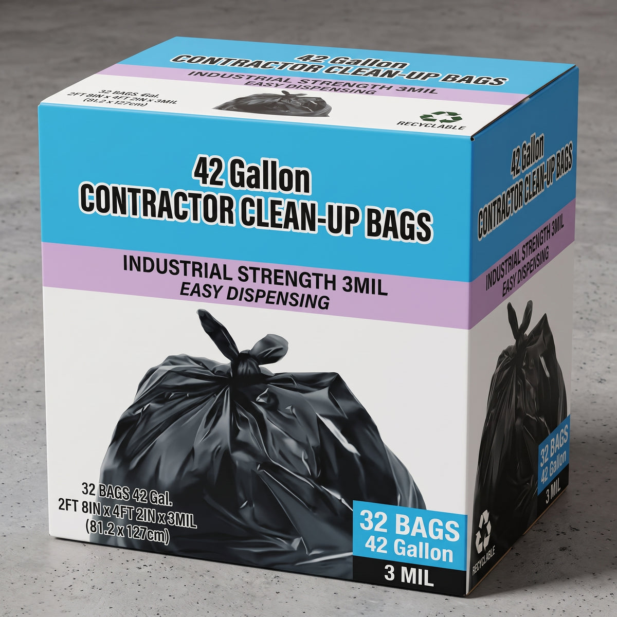 42 Gallon 3mil Heavy Duty Contractor Black Clean-up Garbage Bag with Flap Tie 32pcs/box $19.99/box 10boxes+ $18.99/box AI phase 1