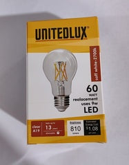 UNITEDLUX CLEAR A19 LIGHT BULB 9W SOFT WHITE 2700K $1.95/pc 10pcs+ $1.49/pc B10.5
