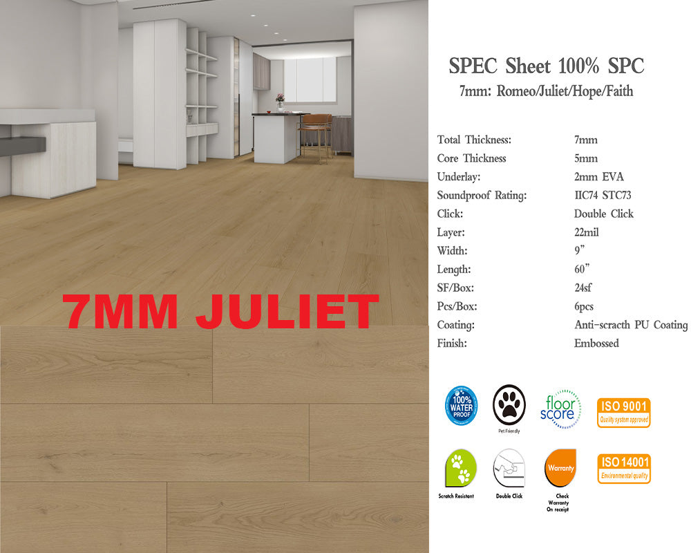 7mm Juliet SPC FLOORING Waterproof Luxury Vinyl 60"x 9" (5mm+2mm) Pad 6PCs/24SF/BOX $1.29/sf 2000sf+ $1.19/sf - Home Idol Vancouver Richmond Surrey