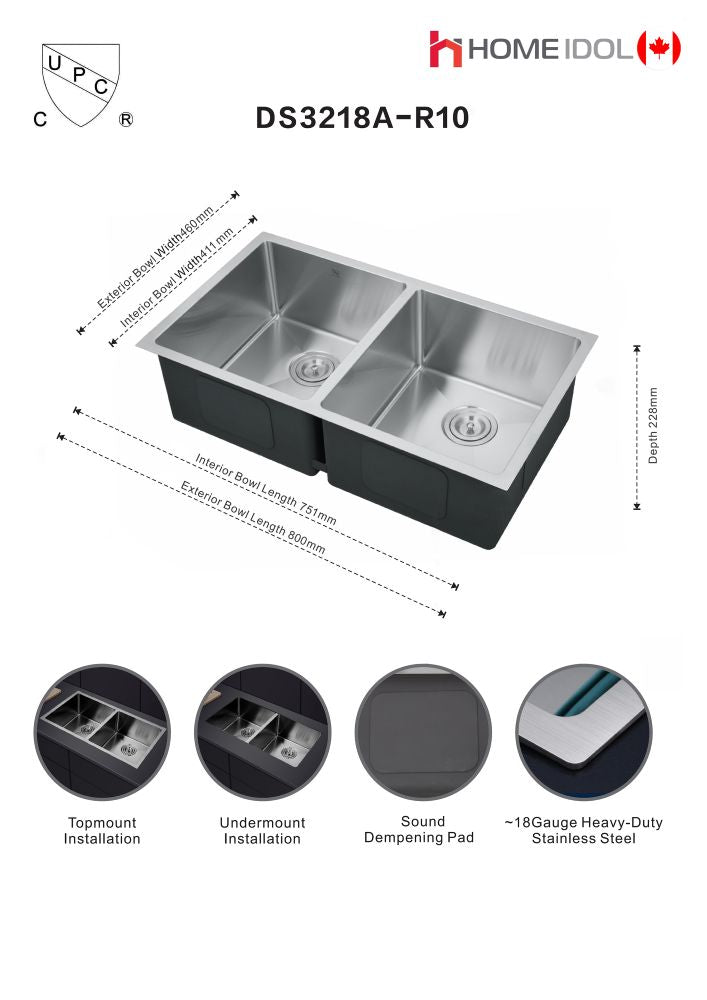 *NO BOX* DS3218A-R10 handmade double bowl kitchen sink undermount 16 gauged 800x460x250mm (31-1/2"x18"x10") inside 29-1/2"x16.18"x10" $99/PC *Final Sale No Return No Exchange* - Home Idol Vancouver Richmond Surrey