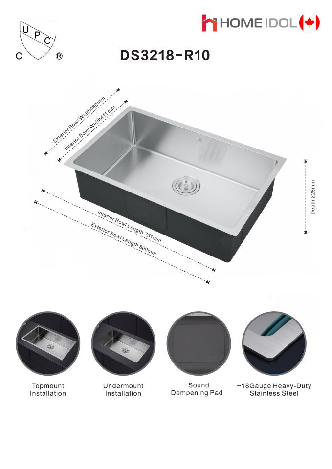 *NO BOX DRAIN NOT INCLUDE* DS3218-R10 handmade single bowl kitchen sink undermount 16 gauged 800x460x250mm (31-1/2"x18"x10") inside 29-1/2"x16.18"x10" *Final Sale No Return No Exchange*