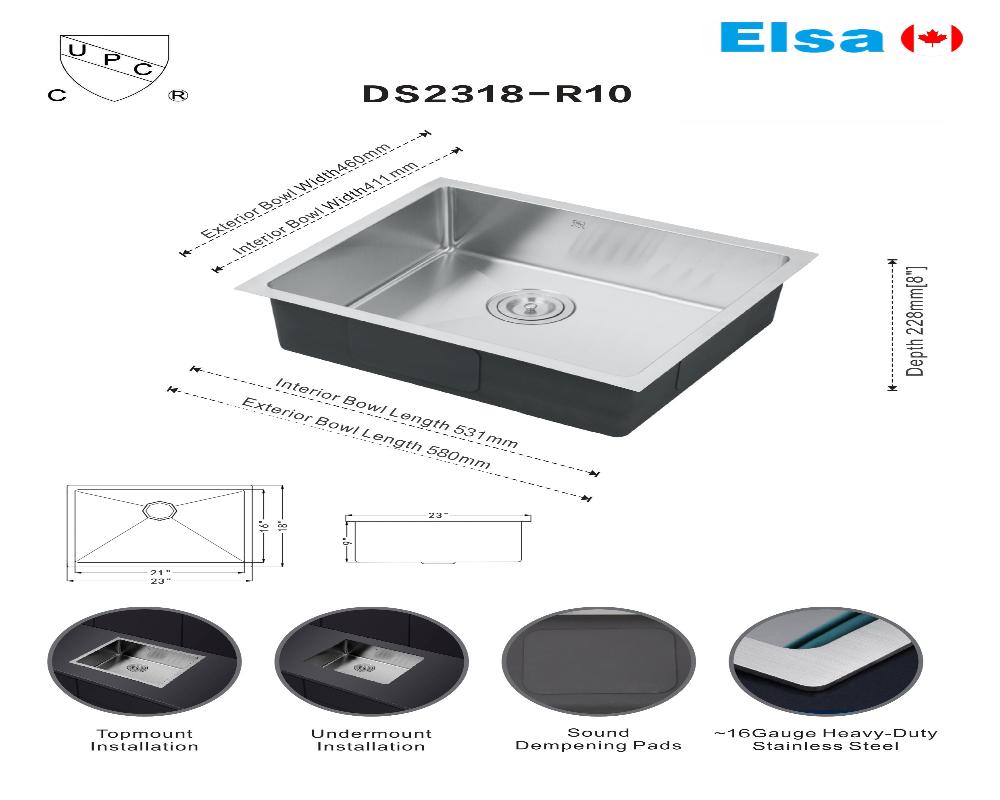 Flyer DS2318-R10/5946 A+ handmade single bowl kitchen sink undermount 16 gauged 590x460x250mm (23-1/4"x18"x10") inside 21.3"x16.18"x9" *DRAINS INCLUDED* $119/PC 10PCS+ $109/PC