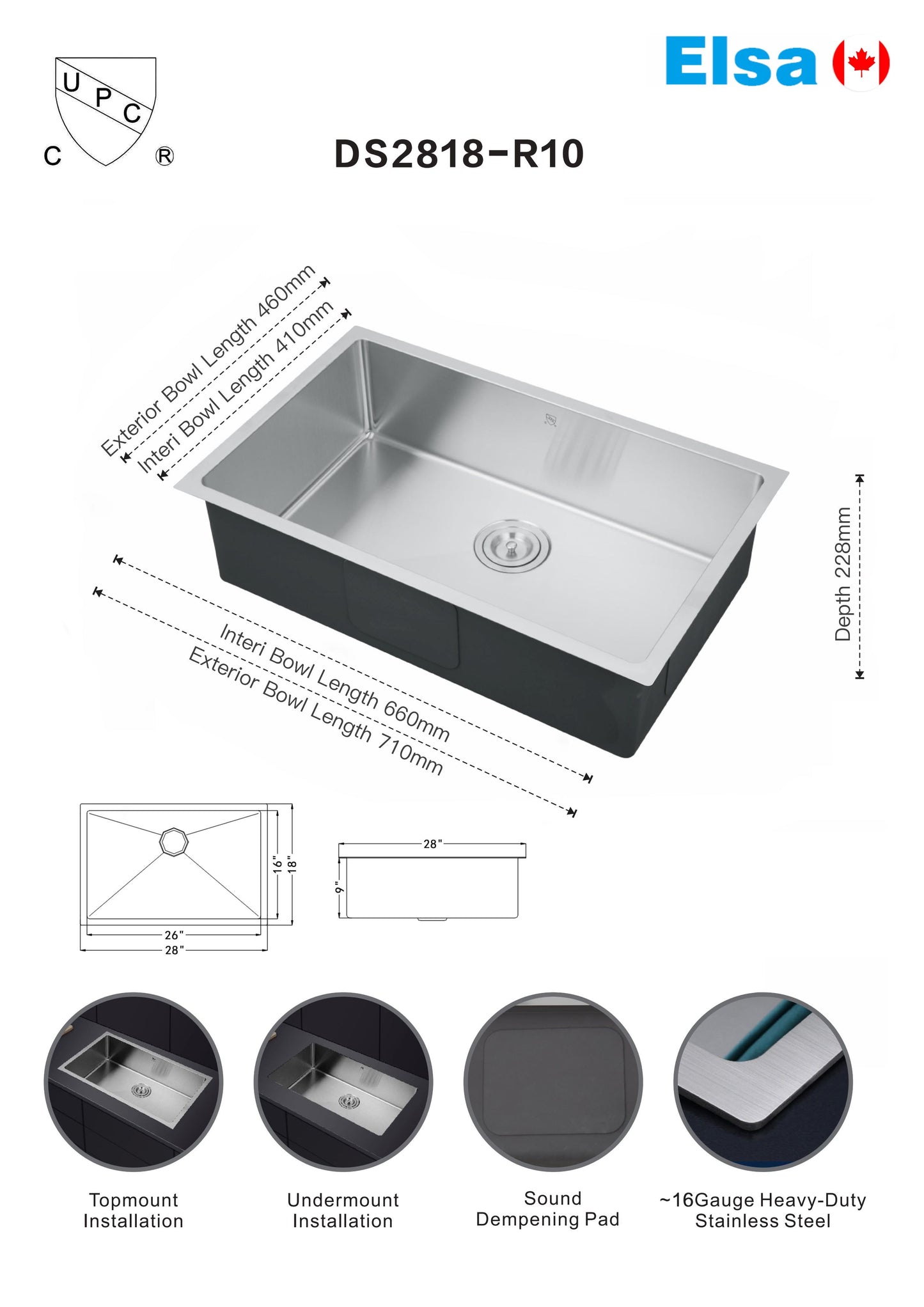 Flyer DS2818-R10/7146 A+ handmade single bowl kitchen sink undermount 710x460x228mm exterior 28"x18"x9" interior 26"x16"x9" *DRAINS INCLUDED* $139/pc 10pcs+ $129/pc