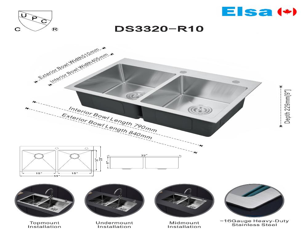 Flyer DS3320A-R10/8541 A+ handmade double bowl kitchen sink topmount 16 gauged 840x510x228mm (33"x20"x9") *DRAINS INCLUDED* $139/PC 10pcs+ $129/pc
