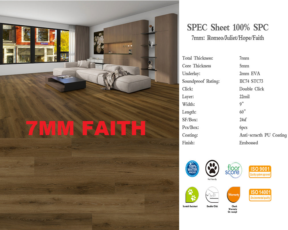 7mm F7MM $1.29/sf CONTAINER PRICE (CHEAPER THAN YOU IMPORT YOURSELF) SPC FLOORING Waterproof Luxury Vinyl 60"x 9" (5mm+2mm) Pad 6pcs/box 24SF/BOX