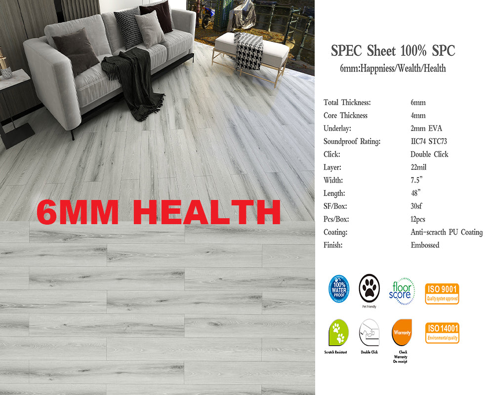 6mm H6MM A+ $1.29/sf SPC FLOORING Waterproof Luxury Vinyl with pad 1220x184x4mm+2mm Pad 12pcs/box 30sf/box