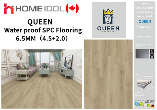Queen 6.5mm Spc vinyl flooring 4.5mm+2mm 7"x48" 10pcs/25sf/box $39.75/box $1.59/sf BULK DEAL 1000SF+ $1.49/sf