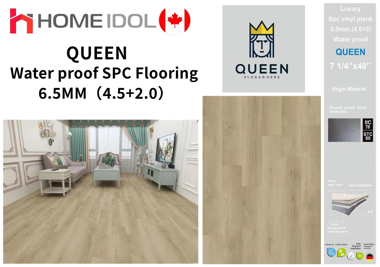 Queen 6.5mm Spc vinyl flooring 4.5mm+2mm 7"x48" 10pcs/25sf/box $37.25/box $1.49/sf BULK DEAL 1000SF+ $1.39/sf