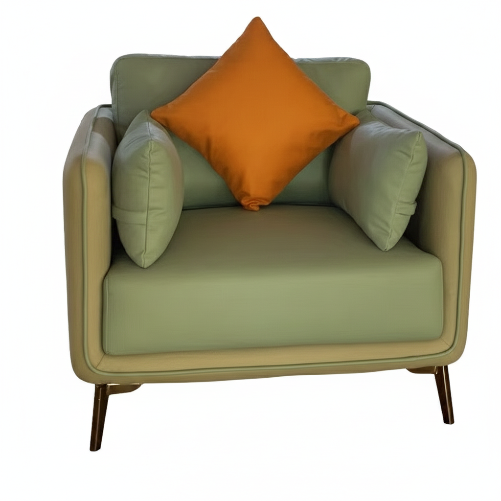 S066 Single Sofa modern light green armchair with an orange accent pillow $199