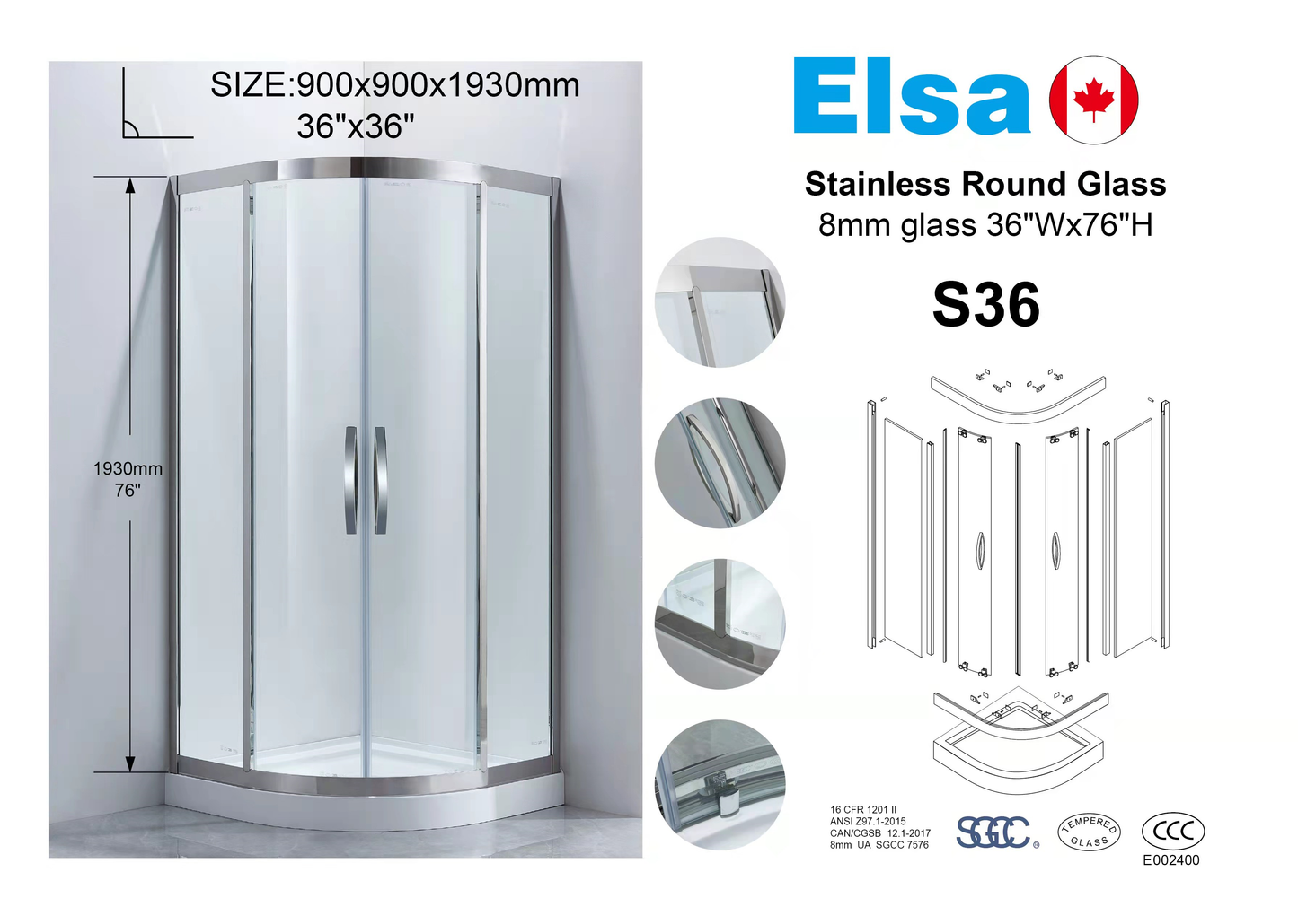 glass+ base 8mm Chrome corner shower combo round 9066A(36"x36"/900x900mm)+S36(36"Dx36"W*76"H)  $349/set