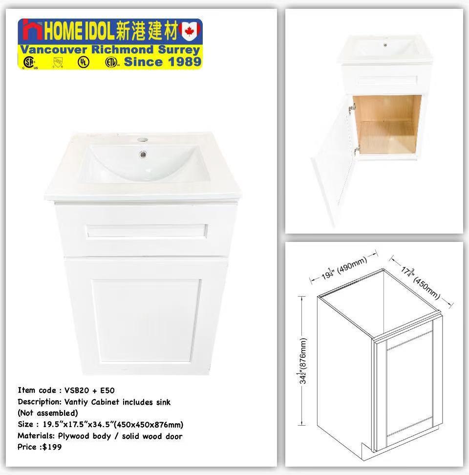 V20 Vanity Combo 20" vanity V20(SLAB-VSB20/VSB20 + E50/50E) white plywood body solid wood door 490mmW x 876mmH x 450mmD 19-3/4"W x 34-1/2"H x 17-3/4"D $199 Honest Price(No Fancy Showroom No Golddigger No Kickback) A6