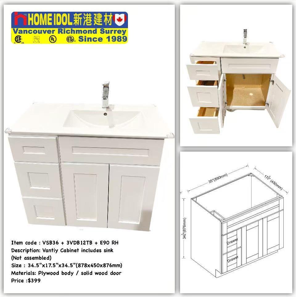 36" Vanity Combo RH A+ $399 CONTAINER PRICE (CHEAPER THAN YOU IMPORT YOURSELF) V36RH(VSB24 + 3VDB12TB + E90/90E RIGHT) white plywood body solid wood door 878mmH x 876mmW x 450mmD 34-5/8"W x 34-1/2"H x 17-3/4"D A6
