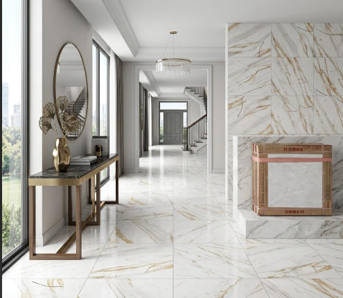 D6002 24"x24" Polished Porcelain Tile Carrara with Gold Filigree 4pcs/16sf/box $1.19/SF 2000SF+ $1.09/SF 4000SF+ $0.99/SF (No Return No Exchange No Claim on Broken) - Home Idol Vancouver Richmond Surrey