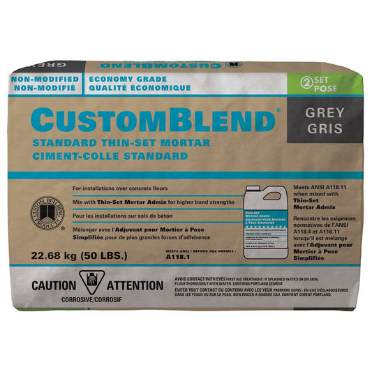 CUSTOMBLEND NON-MODIFIED THIN-SET INDOOR (USAGE: CEMENT FLOOR ONLY) 50LB $13.99/BAG 10BAGS+ $13.49/BAG (in stock 2-4 p)