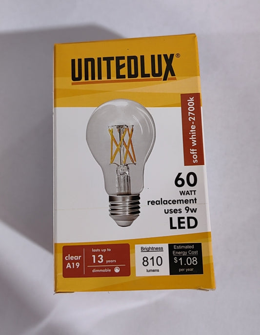 UNITEDLUX CLEAR A19 LIGHT BULB 9W SOFT WHITE 2700K $1.49/pc 100pcs+ $0.99/pc B10.5