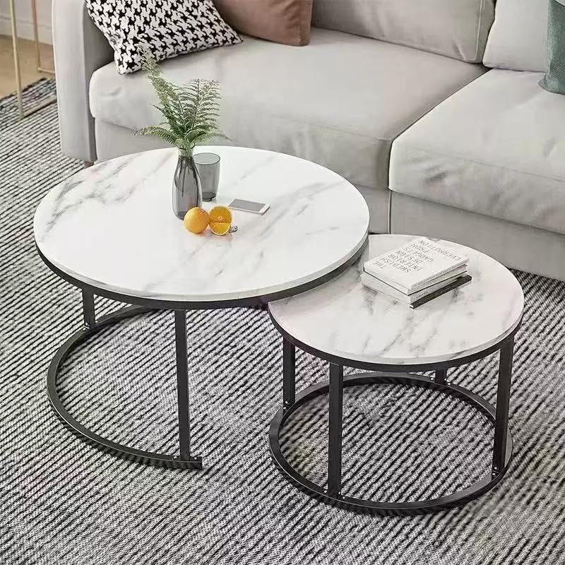 B039 Round Coffee Table Set of 2 Coffee Tables for Living Room,Circular and Marble Nesting Coffee Table Metal Frame,Stacking Side Tables,Black & White $99