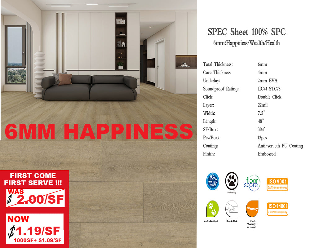 HA6mm *Limited Edition* SPC FLOORING Waterproof Luxury Vinyl with pad 1220x184x4mm+2mm Pad 12PCs/30SF/BOX $1.19/SF 3000SF+ $1.09/SF Honest Price(No Fancy Showroom No Golddigger No Kickback) A2.5