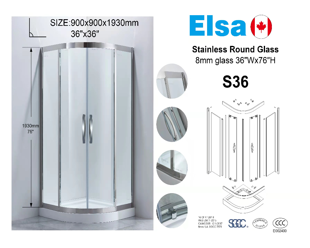 R36/S36 Corner Shower Combo 8mm glass + base chrome round R36/S36 (36"Dx36"Wx76"H) + B36 (36"Dx36"W) $299/SET A4