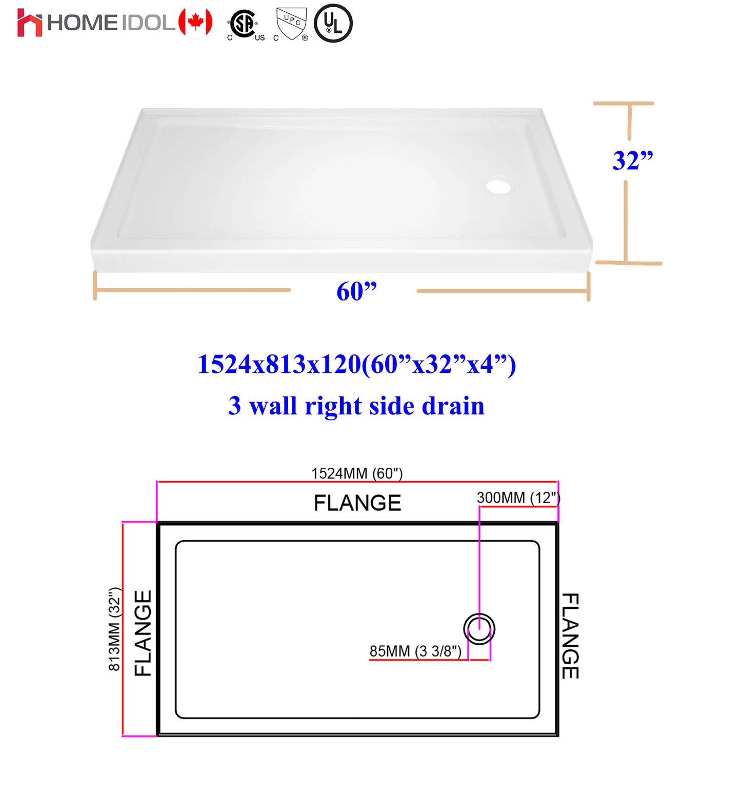 acrylic shower base 3 walls right drain 60"x32"/1524x813mm 5011R (single threshold)  $159/PC Bulk Deal 10PCS+ $139/PC