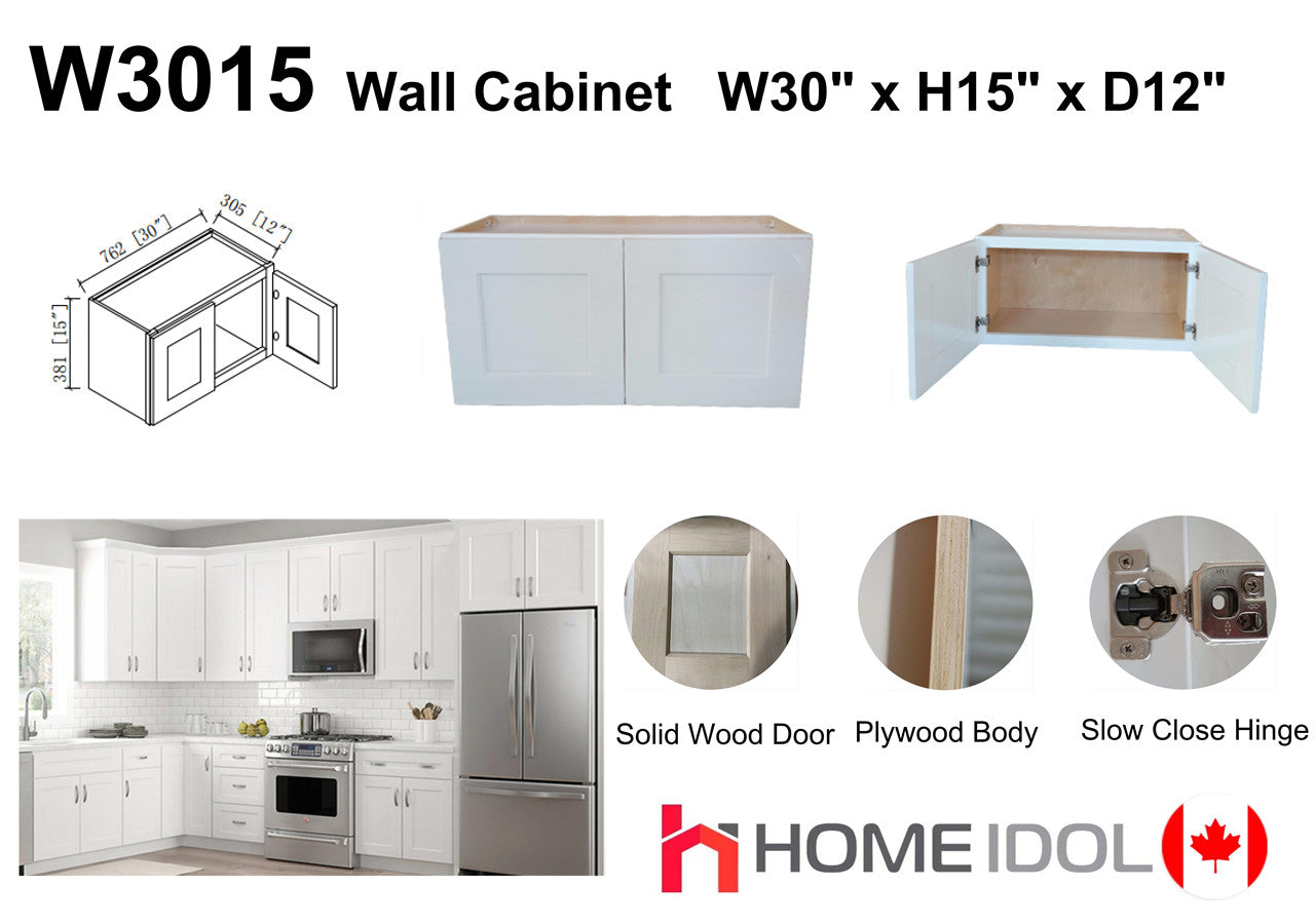 W3015 A+ 30" Plywood white shaker wall kitchen cabinet rangehood top 30"w*15"h*12"d 2.5LFx$100LF=$249.75 (solid door, plywood body and dovetail drawer best in the industry)
