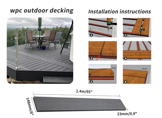 *PROMOTION* WPC Decking Composite C48 Deck Boards deck plank Light Grey AL-K150-25D DOUBLE FACED (clips not included) 2200X148X23MM 87"X6"X0.9" 3.7SF/PC $14.76/PC(=$3.99/SF)