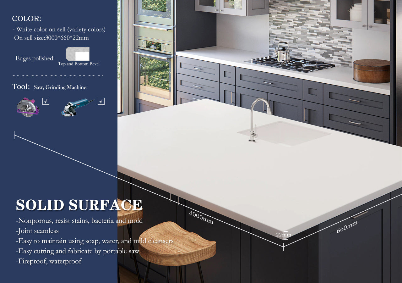 Kitchen countertop Solid surface (Artificial Marble) 26"x118"x7/8" (22mm)with free 4" dry cut blade $299/pc (pick up only no delivery)