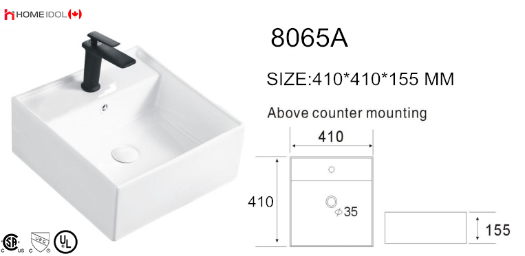 *Discontinued* 8065A art basin square bathroom sink topmount sink with single faucet hole 410x410x150mm = 16.14"x16.14"x5.91" $49