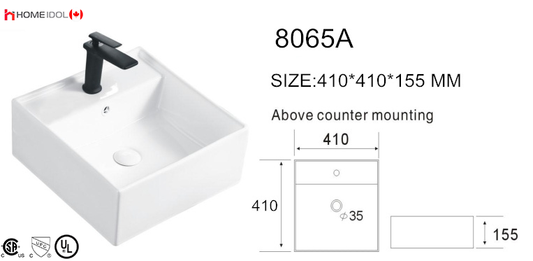 *Discontinued* 8065A art basin square bathroom sink topmount sink with single faucet hole 410x410x150mm = 16.14"x16.14"x5.91" $39