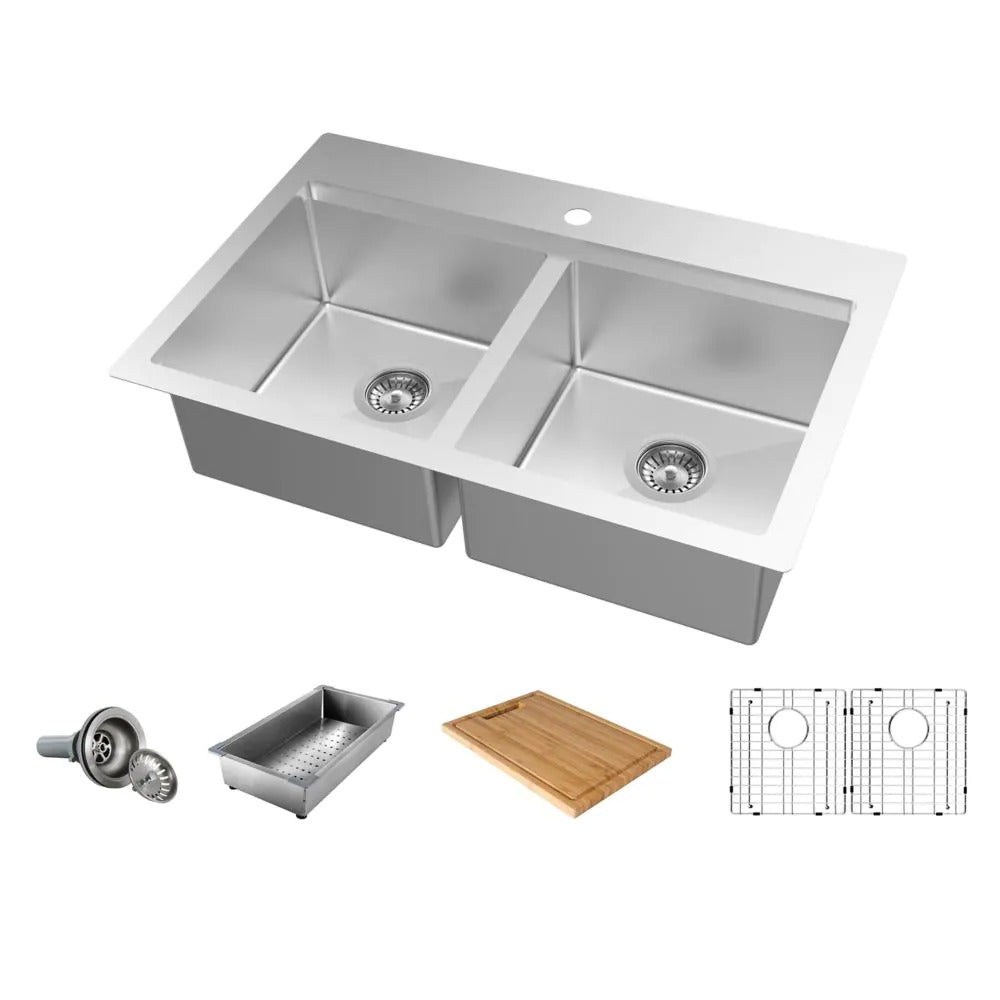 *DISCONTINUED* All-in-one dual mount handmade kitchen sink A+ DS1218-R10 topmount Double bowl (with all accessories) 16 gauged 840x510x228mm (33"x20"x9") $199/PC