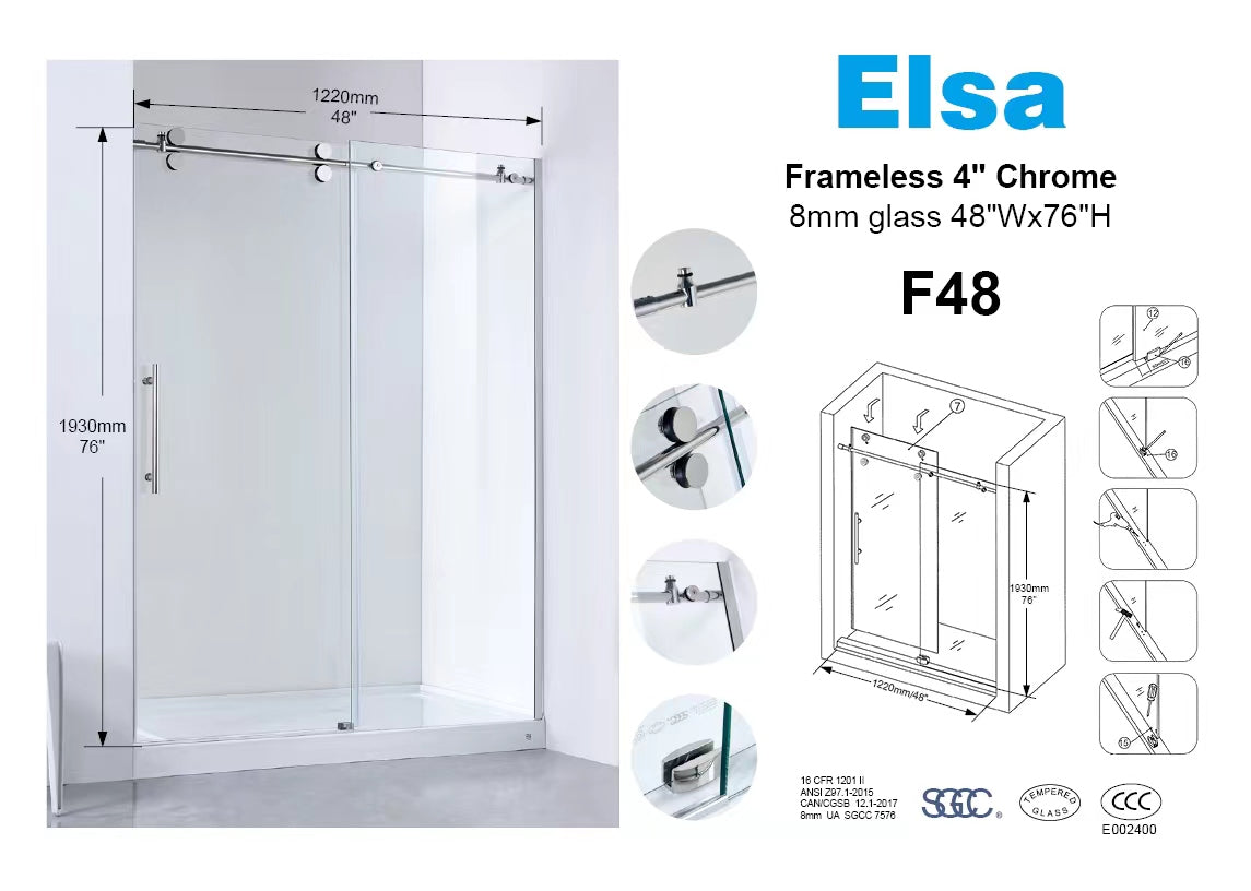 F48 Upgrade 8mm chrome frameless shower door 4'x6' 1220X1930mm/48"x76"  $269