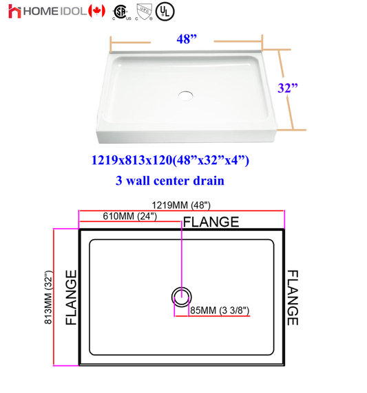 shower base #8 acrylic shower base 3 walls centre drain 48"x32"/1220x813mm  model: 7088 (single threshold)  $159/PC Bulk Deal 10PCS+ $139/PC