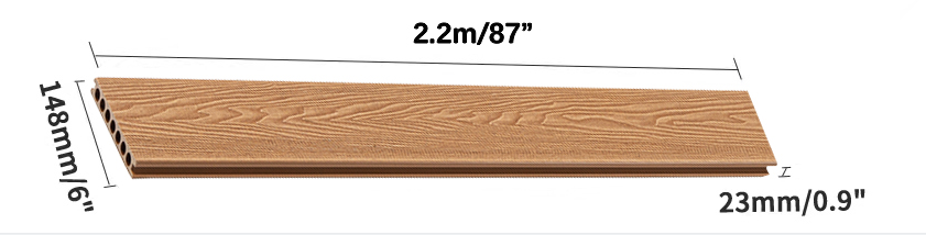 WPC Decking plank Composite C4 Deck Boards deck plank Teak DOUBLE FACED (one side wide groove, one side wood grave) 2200X150X23MM 87"X6"X0.9" $14.76/pc(3.7sf) $3.99/sf 1000sf+ $3.79/sf A10