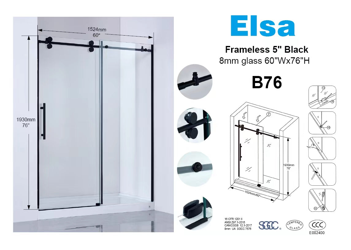 B76 Upgrade 8mm black frameless shower door B76 5'x6'/1524X1930mm/60"x76" with wall profile and magnet door strip prevent water leaking $269