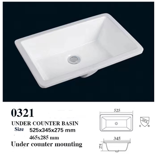 0321 square bathroom sink undermount 525x345x175mm = 20.66" x 13.58" x 7" $19/pc