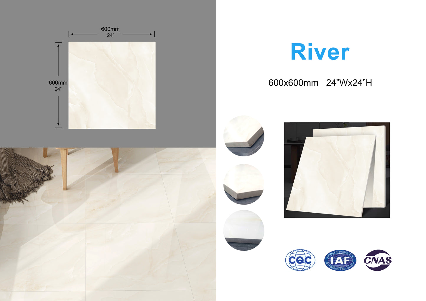 River family Full Polished Glazed Tile 24"x24" 4pcs/box 16sf/box $22.24/box $1.39/sf (15 days return/exchange) Bulk Deal 1000sf+ $1.19/SF(No return/no exchange)