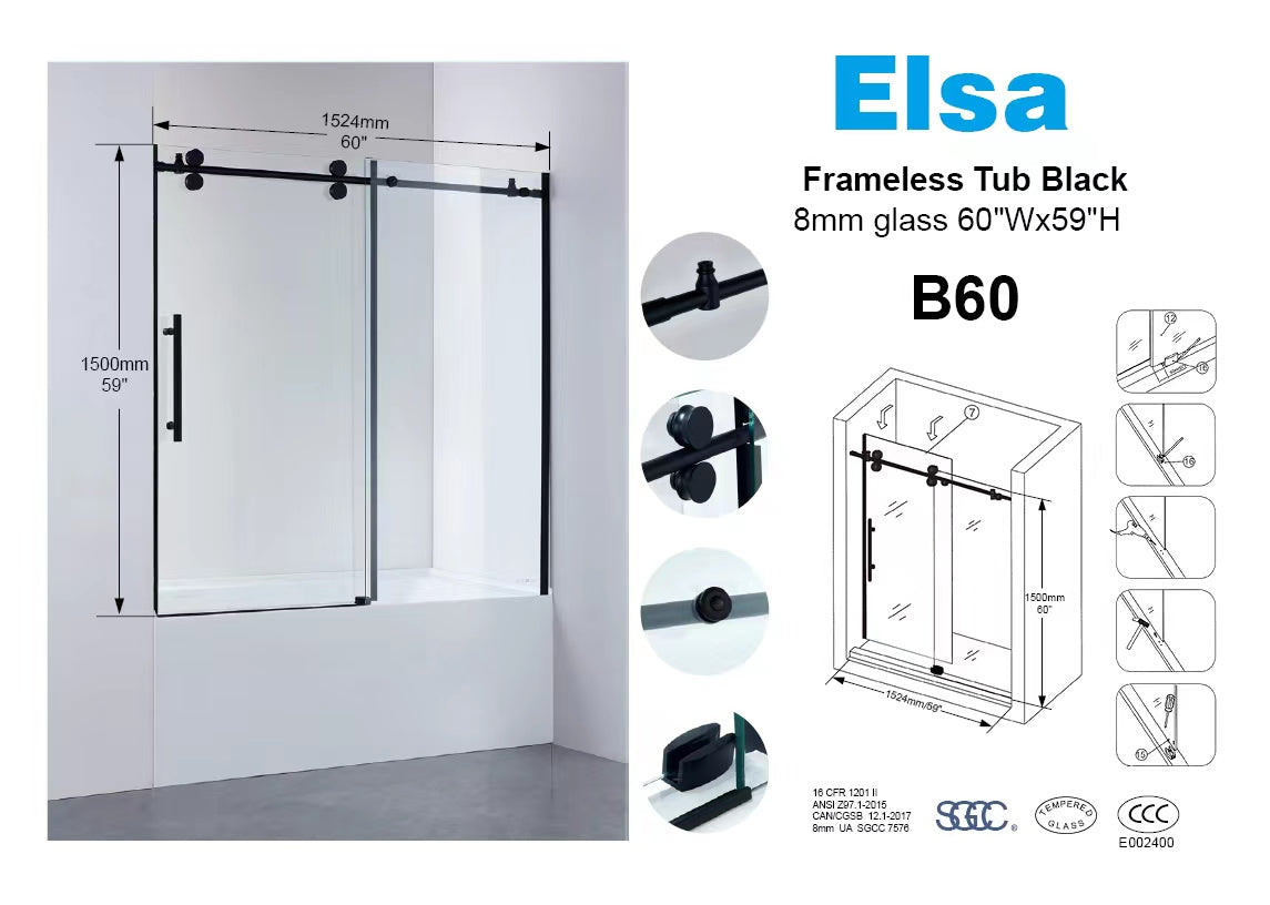 B60 8mm black frameless tub door 5'x5' 1524X1500mm/60"x59" with wall profile and magnet door strip prevent water leaking $269