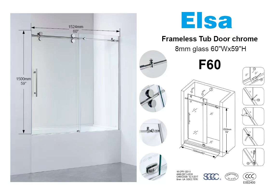 F60/FF60 8mm chrome frameless tub door 5'x5' 1524X1500mm/60"x59" ith wall profile and magnet door strip prevent water leaking  $239/PC Bulk Deal 10PCS+ $219/PC