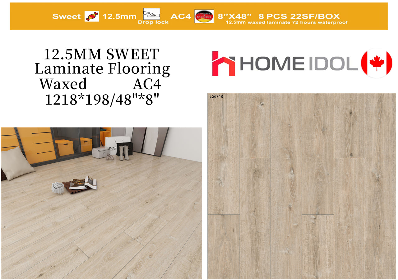 Sweet 12.5mm Laminate Floor LG6748 AC4 Waxed (72 hours water resistant) 198x1210mm 8"x48" 22sf/box $1.09/sf(15 days return/exchange) Bulk Deal 1000sf+ $0.99/SF(No return/no exchange)