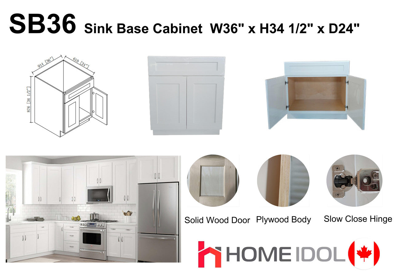 SB36(BBC36+FFD-SB36) 36" Plywood white shaker sink base kitchen cabinet 2 doors (solid door, plywood body and dovetail drawer best in the industry) $199 A6