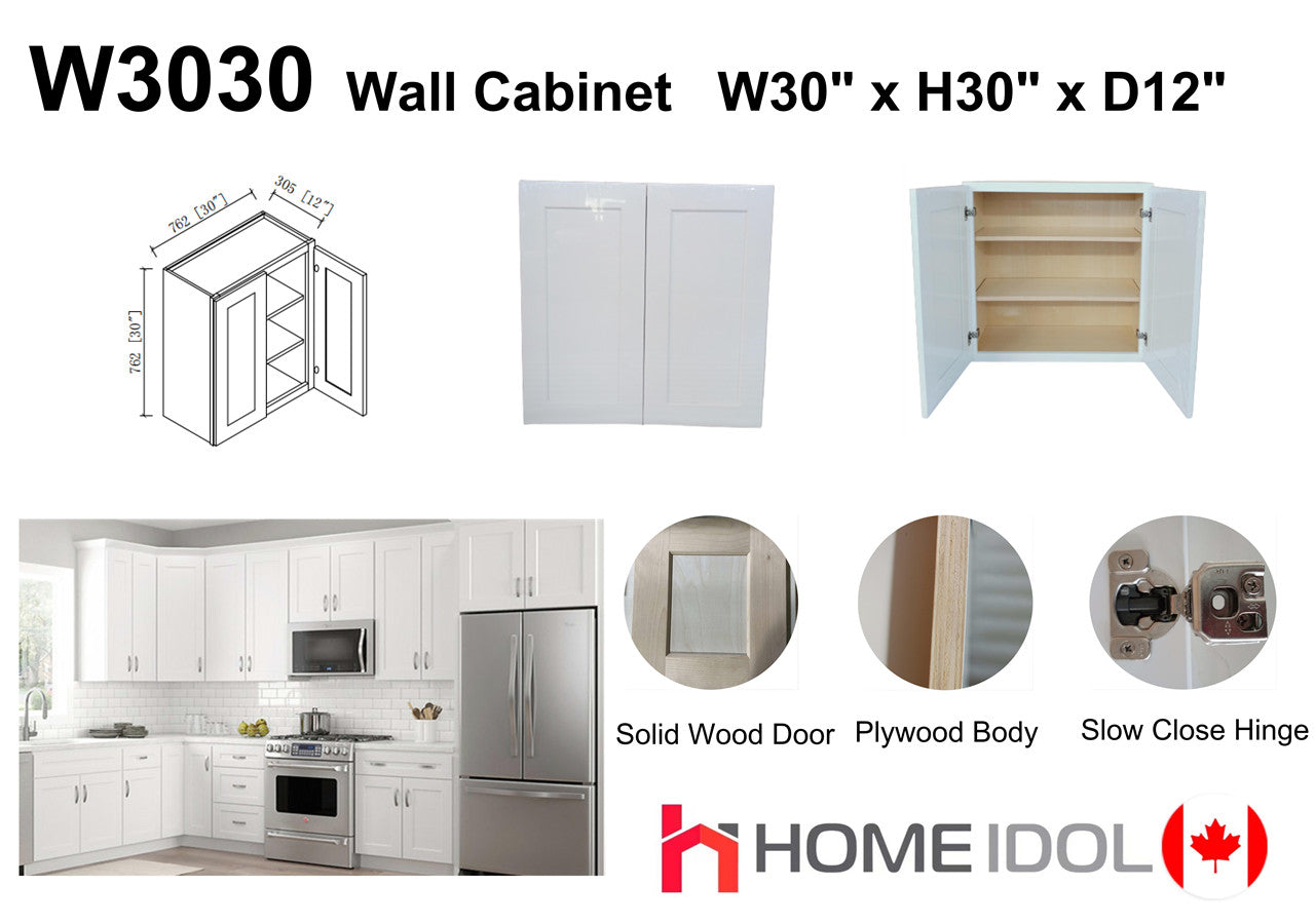 W3030 30" Plywood white shaker wall kitchen cabinet 30"w*30"h*12"d 2.5LFx$100LF= $250